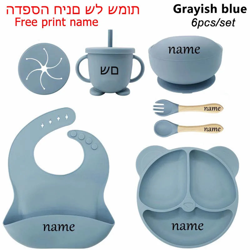 Baby Feeding Plate Sets Suction Bowl Silicone Plate For Kids 6Pcs Children Tableware Personalized Name Dinner Dishes Cups Spoon Purest Peak